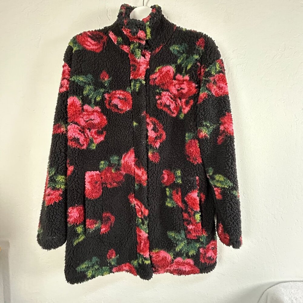 Laura Ashley Womens Floral Fleece Winter Jacket Coat Size XL Black Red Pockets